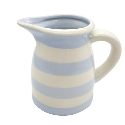 Blue and White Striped Vase Pitcher Ceramic Nautical Coastal Cottagecore 4.75'' T