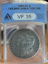 1890-CC Tailbar Vam-4 Top-100 ANACS VF35 Morgan Silver Dollar