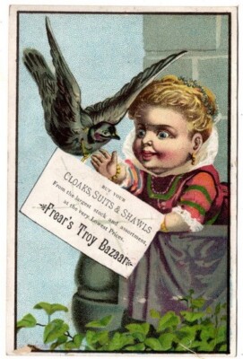 Frear's Troy Bazaar, Toddler with Bird, Christmas Stock, 1880's Trade Card