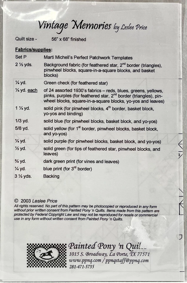 NUEVO 2003 PPNQ patrón de costura LPMV104 Vintage Memories edredón 56x68 vintage 15129 Foto 2 de 2