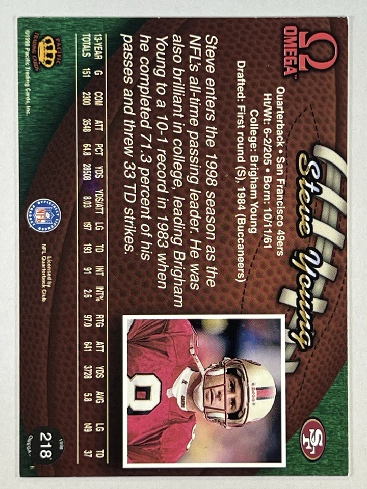 Steve Young 1998 Pacific Omega #218 San Francisco 49ers - Image 2 of 2