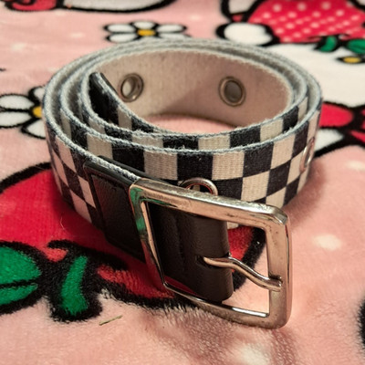 Black White Checkered Men's Casual Adjustable Belt with Metal Buckle Size S