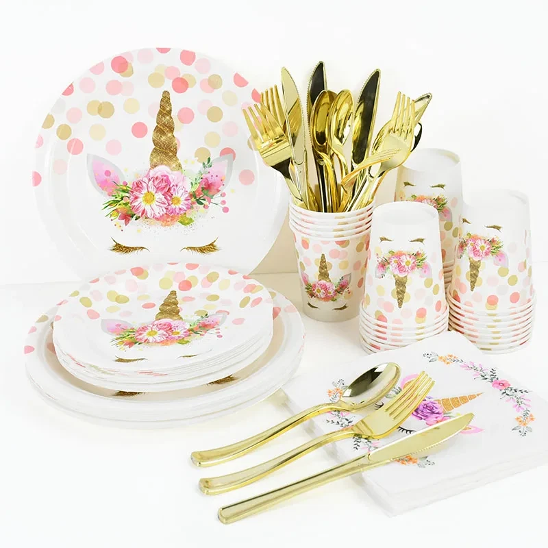 Unicorn Party Disposable Tableware Set Paper Plates Cups Napkins 1St Kids Unicor - image 2 of 4