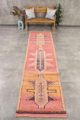 Vintage Turkish Rug 3,1x11,4 ft (94x347 cm), Herki Red Yellow Moroccan Rug