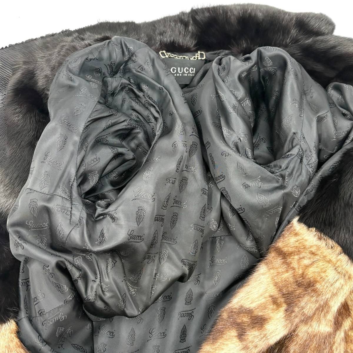 GUCCI Vintage Logo Belted Fur Leopard Long Coat Jacket #40 Black