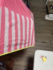 Victoria's Secret VS Pink White Stripe Umbrella Neon Green Trim Set Of2