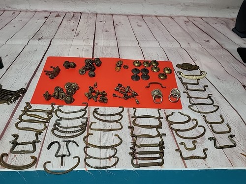 Lot 40+ Vtg Drawer Pulls Drop Rings Hardware Distressed Tarnish Brass Primitive