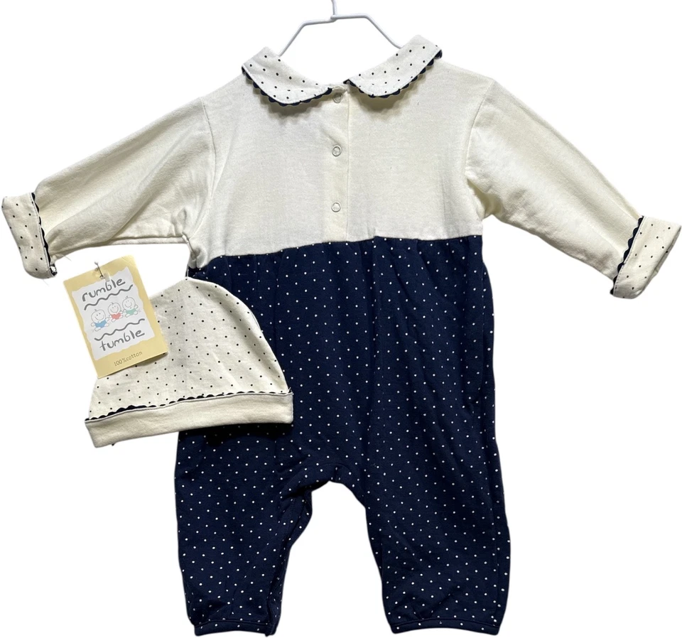 Mameluco y gorra/sombrero con puños a lunares azul y marfil Rumble Tumble nuevo con etiquetas, 6-9 meses Foto 4 de 4