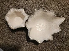 Vintage Leaf Shape Dish Ceramic Gold Trim MCM Retro Nut Serving Bowl Set of 2