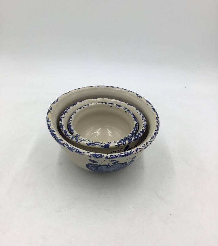 Blue Apple Motif Stoneware Mixing Bowl 3 Piece Set Spongeware Folk Art Pottery
