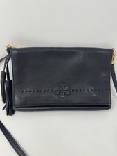 Tory Burch McGraw Fold-Over Crossbody Black Pebbled Leather Gold Hardware