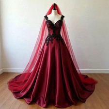 Gothic Red V Neck Wedding Dress A Line Satin Sleeveless Black Lace Bridal Gowns