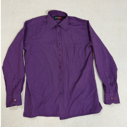 Peter England Mens Purple Striped Dress Shirt Nuvo Fit Cotton Blend Size 39cm