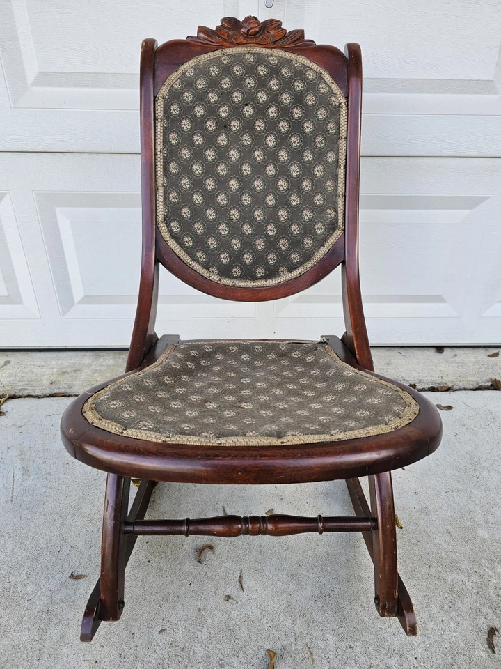 Antique Victorian Mahogany Folding Rocking Chair Original Floral Tapestry! Rare! - Image 2 of 4