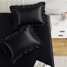 Black Twin Ruffle Pillowcase Satin Fitted Set 2Pcs