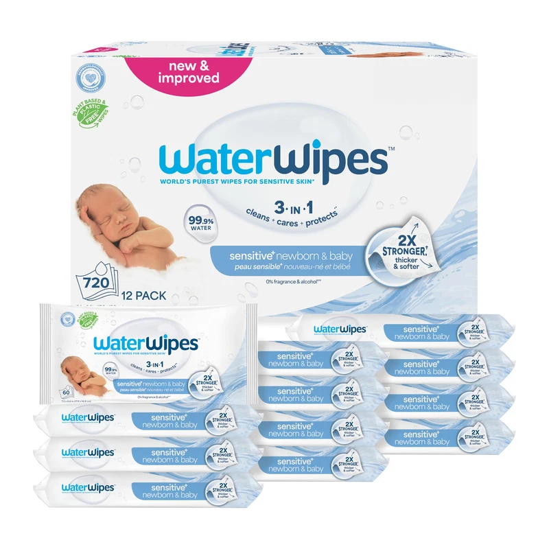 Waterwipes Sensitive Newborn Baby Wipes 3-In-1 Cleans Cares Protects 99.9 Water