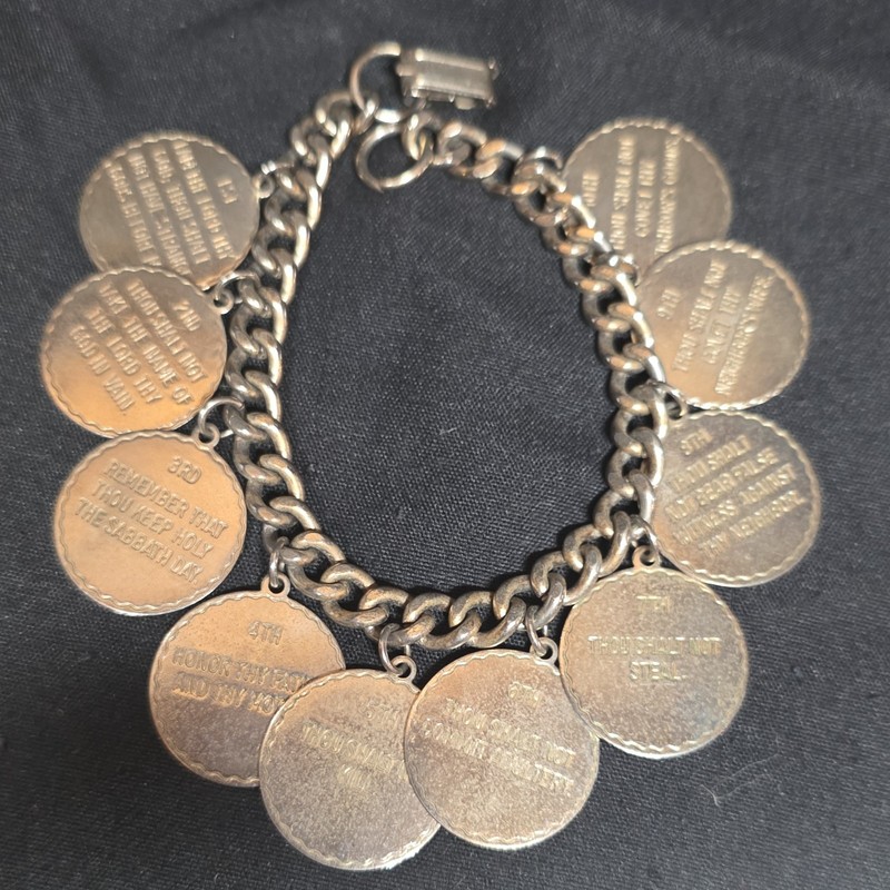 Ten Commandments Silver Tone Chain Charm Bracelet Engraved Disc Charms