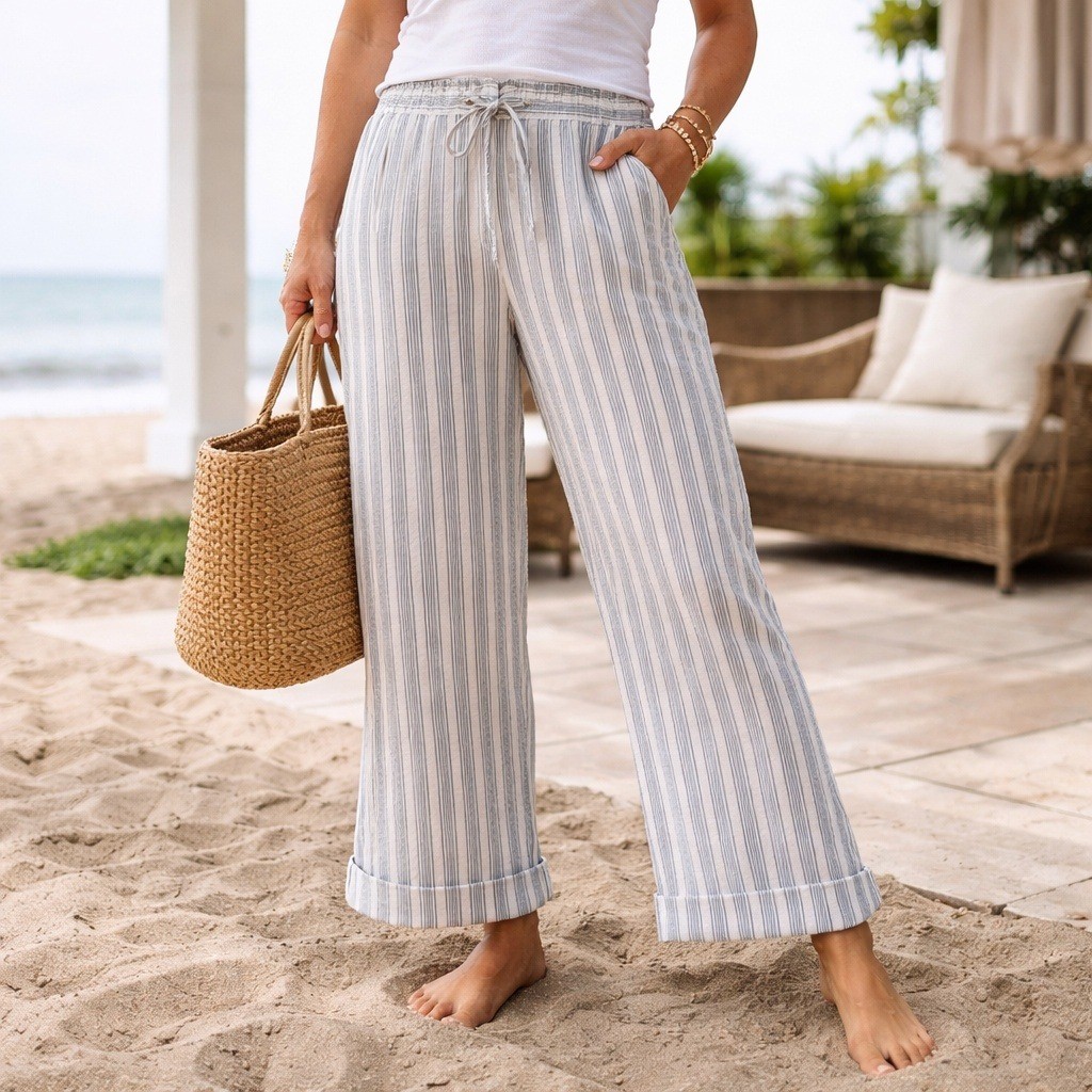 Coldwater Creek Linen Pants Plus Size 18W Striped Wide Leg Drawstring Coastal
