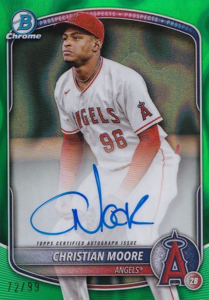 Christian Moore 2025 Bowman Chrome Prospect Autographs Green Lava Auto RC 72/99
