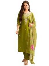 Women's Green Viscose Fabric Straight Embroidery Kurta, Pant and Dupatta Set