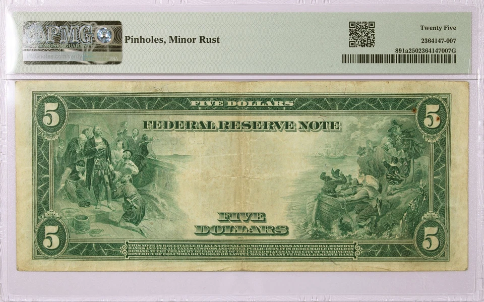 1914 $5 $5 Large Size FRN San Francisco Fr#891a PMG VF25 Pinholes Minor Rust - Image 2 of 2