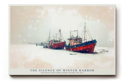 Paul Sinus Wandbild The Silence of Winter Harbor   rote Boote im verschneiten