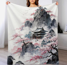 Japanese Cherry Blossom Ink Painting Throw Blanket, Fuzzy Blanket 60"x80"