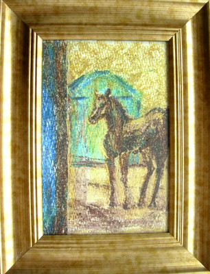 Pferd gerahmt Original Öl Pastell Zeichnung Wandkunst Wanddekor Papier 4x6 cm