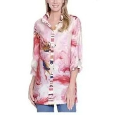Clearance Plus Size 1X John Mark Oasis Roll Tab Long Sleeve Pink Blouse Tunic