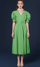 Tara Jarmon Paris Ranya Poplin V-Neck Short Balloon Sleeve Belted Midi Dress