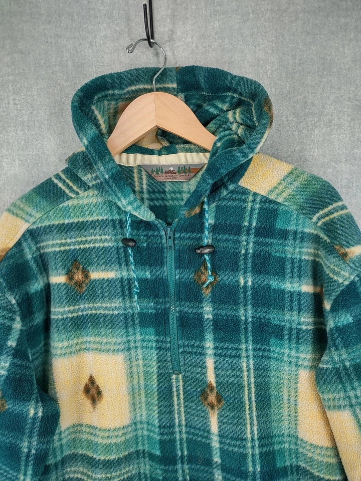 Vtg EMS Jacket Women Medium Green Plaid Aztec Anorak Fleece Hoodie Pullover USA - Image 3 of 4