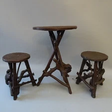 Vintage Garden Furniture Bamboo and Wood Coffee Table And Stools