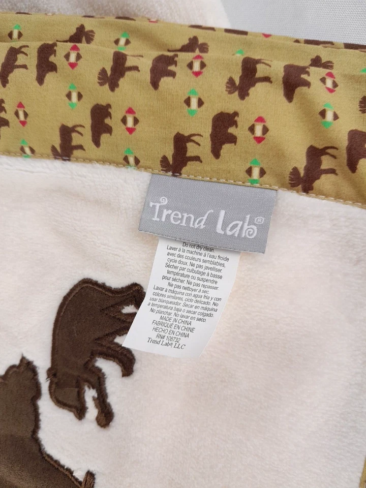 Baby Blanket Trend Lab Beige Brown Bear  30X40 Moose Ribbon Trim Woodland Theme - Image 4 of 4