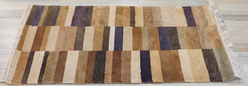 Alfombra pequeña anudada a mano 2' x 4'4" pura lana arte seda 65x132 cm rayas... - Imagen 17 de 24