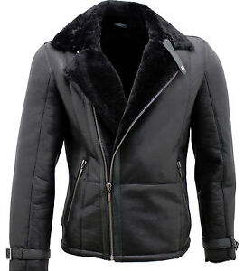 Men's Black Double Breasted Real Sheepskin Biker Jacket | eBay