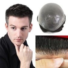 Mens Human Hair System Unit Thin Skin 0.03mm Knotted Toupee Black Hair Piece #1