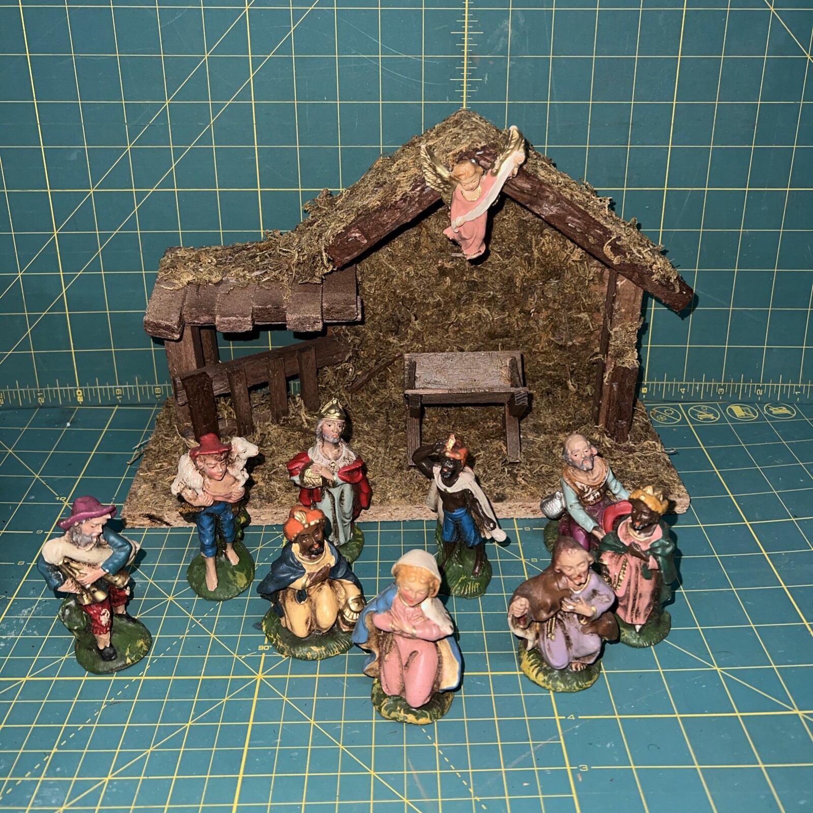 Vintage Nativity Set of Figures And Wood Stable Made In Italy