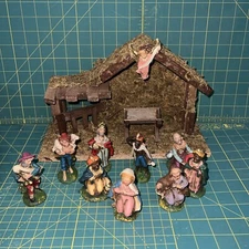 Vintage Nativity Set of Figures And Wood Stable Made In Italy