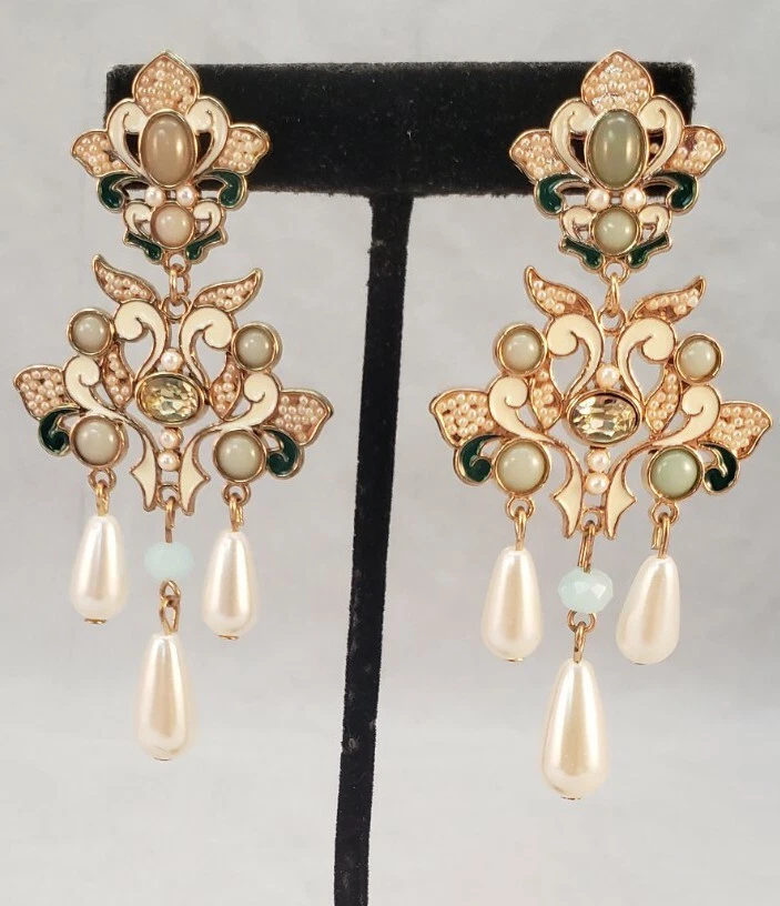 Large Enameled Multi Color Faux Stone Dangle Statement Gold Tone Runway Earrings
