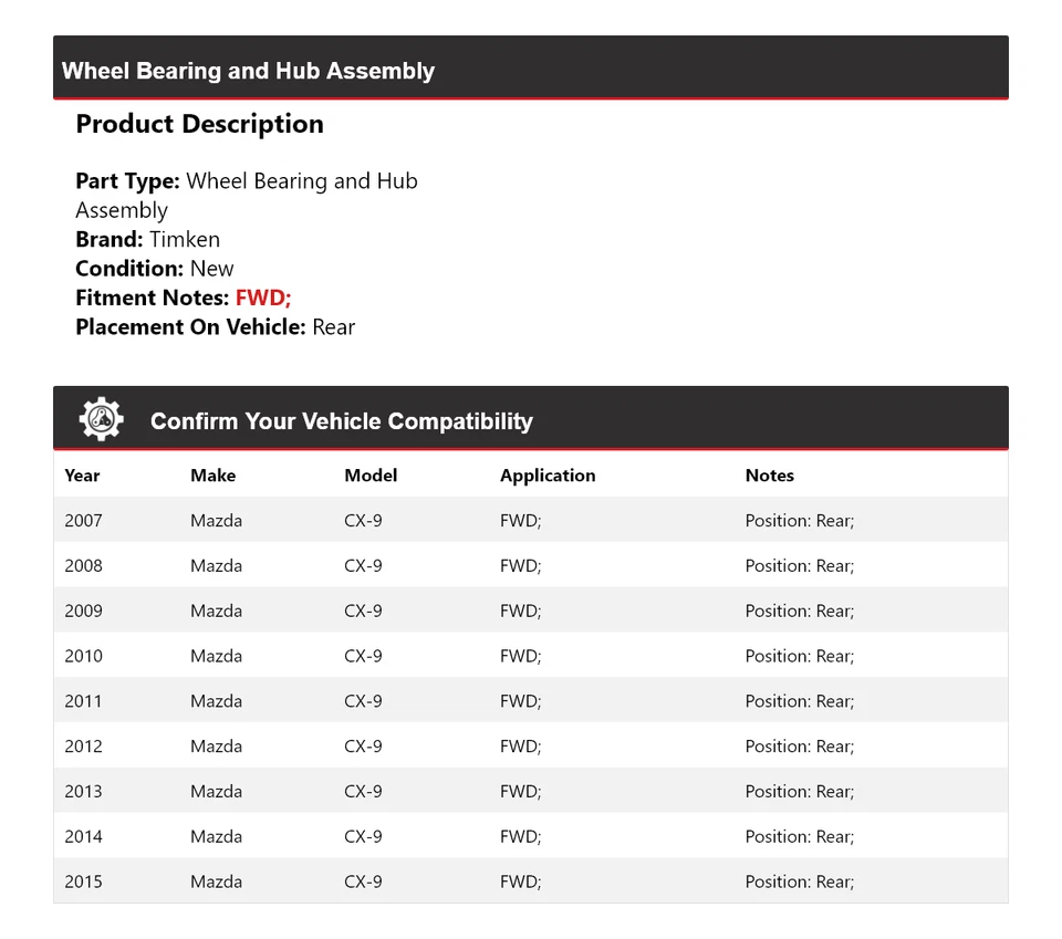 For 2007-2015 Mazda CX-9 FWD Wheel Bearing and Hub Assembly Rear Timken 2008 - Image 2 of 4