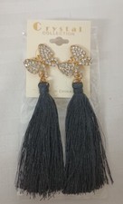 Clear Crystal Butterfly Earrings With 3" L Black Thread Tassels Gold Plated