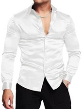 Men Fashion Silky Long Sleeve Ivory Off White Button Down Shirt Dress Ultra Soft