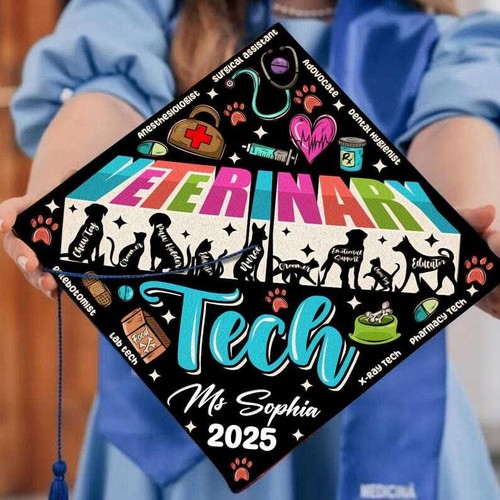 Custom Veterinary Tech Graduation Cap Topper, Personalized Vet Assistant Grad - Picture 2 of 4