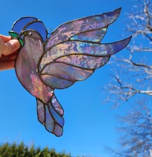 Stunning Vintage 1995 Iridescent Leaded Stained Glass Dove Suncatcher w / Stand