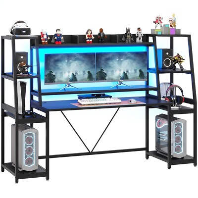 Home Large Gaming Desk PC Computer Workstation Study Table with LED Lights,Black