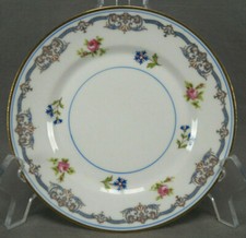 Set of 8 Limoges Ahrenfeldt Pink Rose Cornflower Blue Scrolls Gold Bread Plates