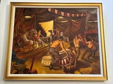 VINTAGE CIRCUS PAINTING WORKERS PERFORMERS 30 INCHES LISTED AMERICAN WPA STYLE
