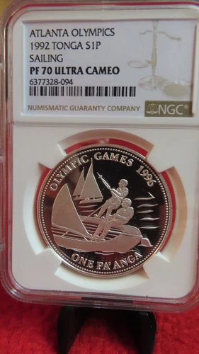 1992 Tonga Sailing Boat Silver One Pa'Anga Atlanta Olympics 1 oz NGC PR PF 70