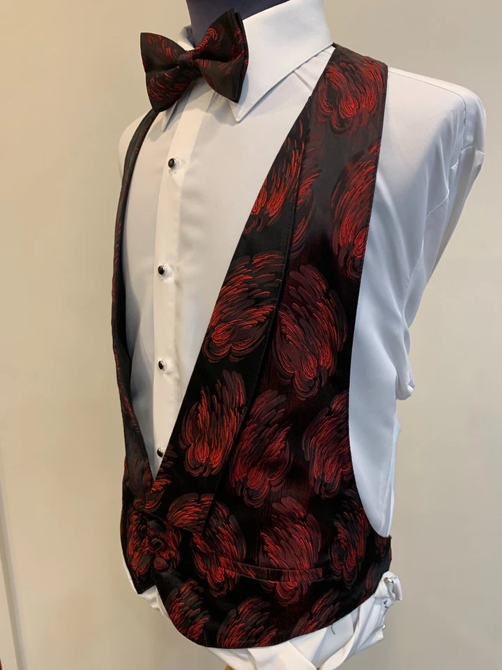 BLACK Formal Vest and Bow Tie with RED Brush Strokes -3 button adjustable -EUC - Image 3 of 4