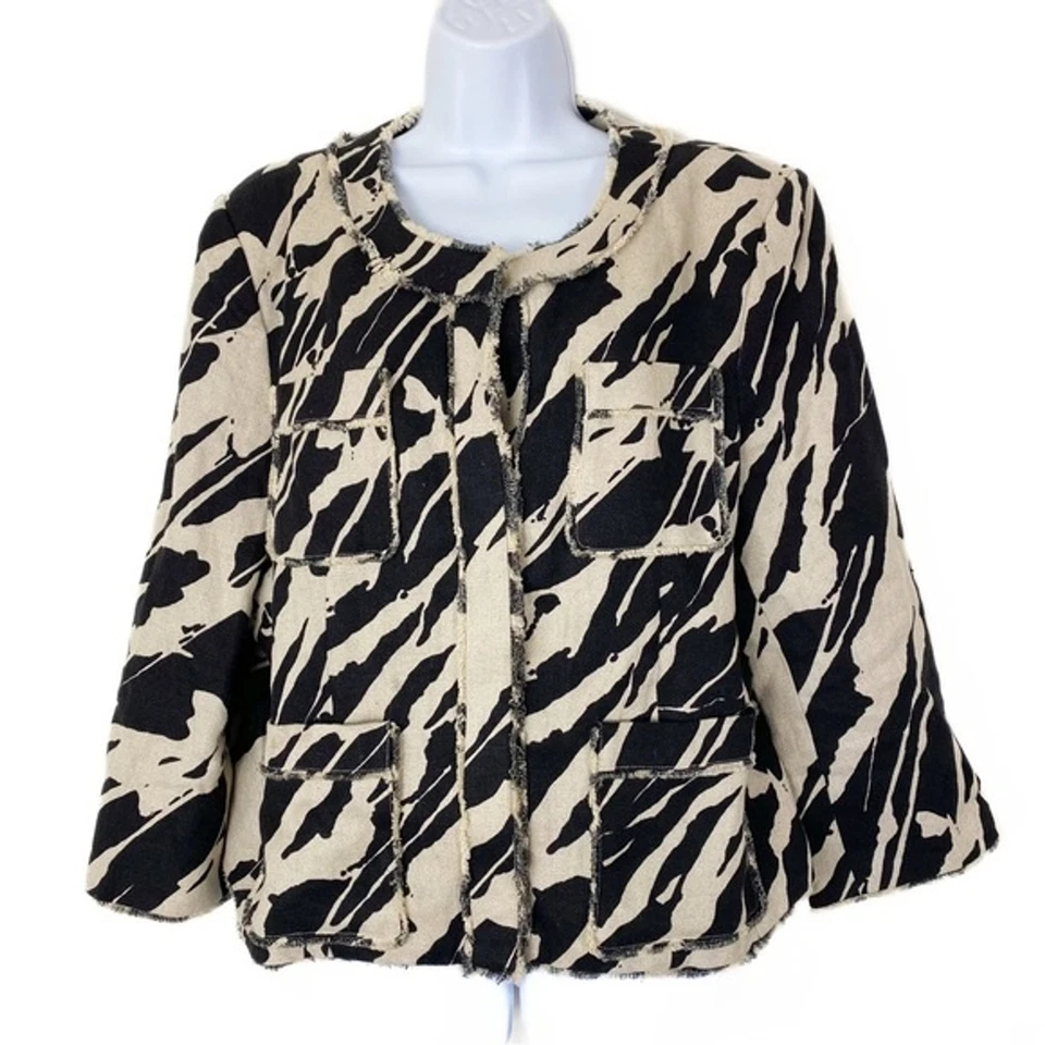 MICHAEL MICHAEL KORS Linen Black Print Snap Front Jacket Fringe Detail Size 14 - Image 2 of 4